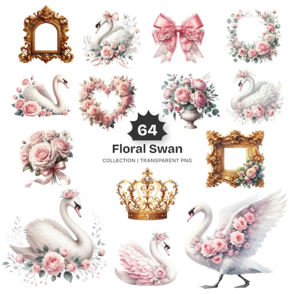 Swan PNG Clipart Collection - 64 PNG, Floral Swan Graphics, Girls Birthday Art, Baby Shower Printables, Commercial use, Digital download