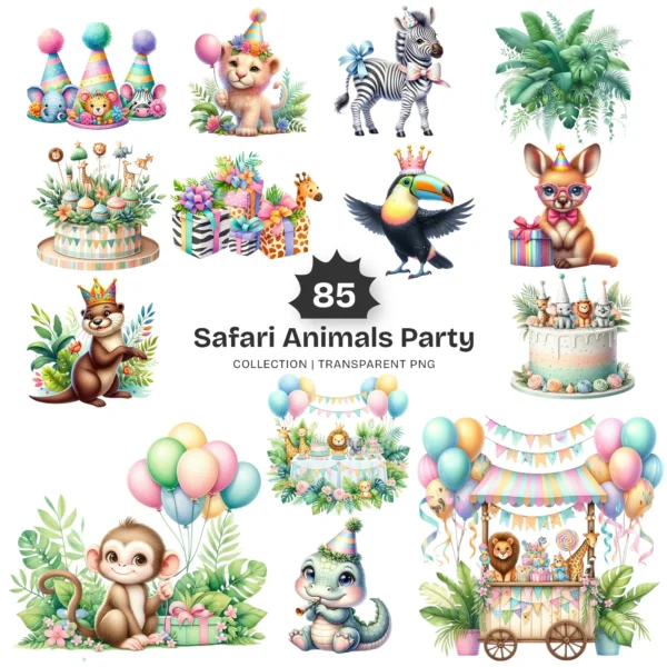 Safari Animals Party PNG Clipart Collection - 85 PNG, Jungle Birthday Graphics, Baby Shower Printables, Commercial use, Digital download