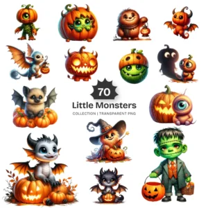 Little Monsters PNG Clipart Collection - 70 PNG, Eerie Graphics, Cute Halloween Printables, Commercial use, Digital download