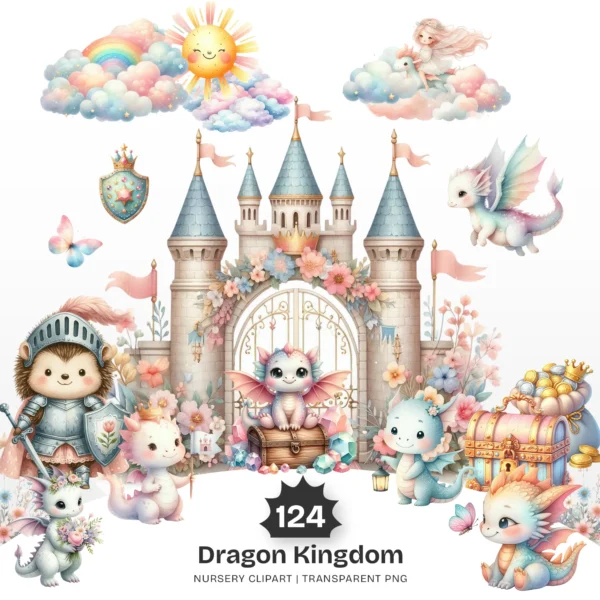 Dragon Kingdom Nursery PNG Clipart - 124 PNG, Knight Graphics, Baby Dragon, Fairy Tale Printables, Commercial use, Digital download
