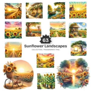 Sunflower Landscapes PNG Clipart Collection - 63 PNG, Summer Meadow Scenes Graphics, Cottagecore Printables, Commercial use, Digital download