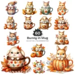 Bunny in Mug PNG Clipart Collection - 60 PNG, Autumn Animal Graphics, Pumpkin, Fall Coffee Printables, Commercial use, Digital download