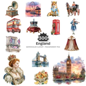 England Watercolor Clipart Bundle - 295+ transparent PNG, Corgi png, Stonehenge art, Big Ben, London Eye, Commercial use, Digital download