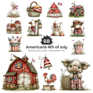 Americana 4th of July Watercolor Clipart - 68 PNG, Hand Drawn Patriotic Graphics, Rustic Farmhouse PNG, Commercial use, Digital download