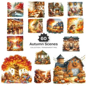 Autumn Scenes PNG Clipart Collection - 60 PNG, Cozy Fall Landscape Graphics, Autumn Cottage Printables, Commercial use, Digital download