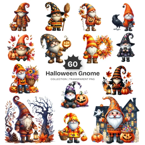 Halloween Gnome PNG Clipart Collection - 60 PNG, Pumpkin, Witchy Gnome Graphics, Spooky Printables, Commercial use, Digital download