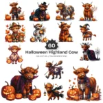 Halloween Highland Cow PNG Clipart Collection - 60 PNG, Witchy Highland Cow Graphics, Pumpkin Printables, Commercial use, Digital download