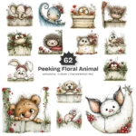 Peeking Floral Animal Watercolor Clipart - 62 PNG, Peeking Animal Illustration, Whimsical Clipart, Spring, Commercial use, Digital download