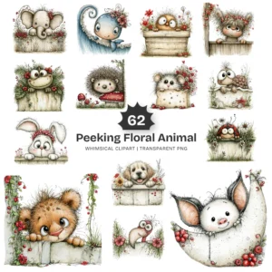 Peeking Floral Animal Watercolor Clipart - 62 PNG, Peeking Animal Illustration, Whimsical Clipart, Spring, Commercial use, Digital download