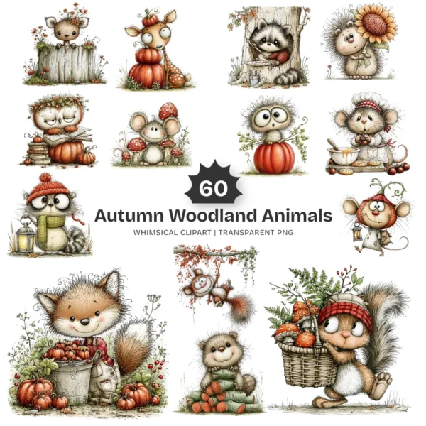 Autumn Woodland Animals Whimsical Clipart - 60 PNG, Fall Forest Graphics, Seasonal Wildlife PNG, Commercial use, Digital download