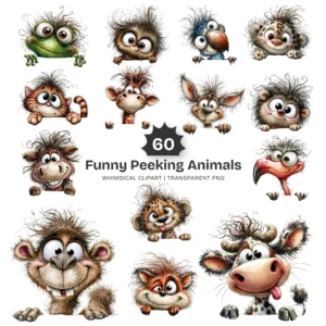 Funny Peeking Animals Whimsical Clipart - 60 PNG, Wild Critters Graphics, Quirky, Giggling Animal PNG, Commercial use, Digital download