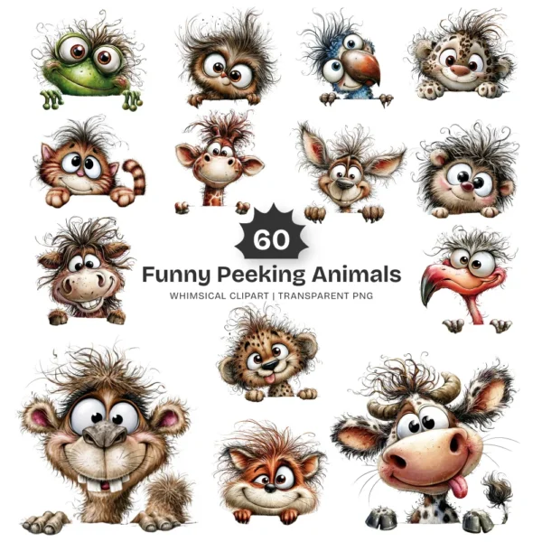 Funny Peeking Animals Whimsical Clipart - 60 PNG, Wild Critters Graphics, Quirky, Giggling Animal PNG, Commercial use, Digital download