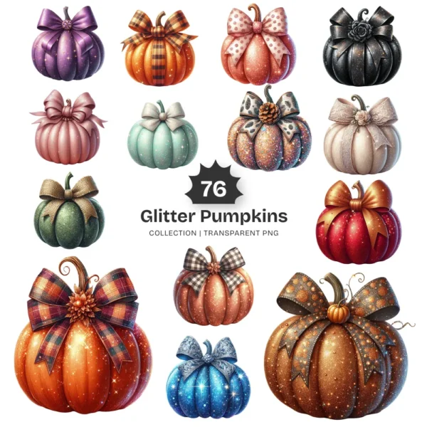 Glitter Pumpkins PNG Clipart Collection - 76 PNG, Sparkly Fall Graphics, Thanksgiving Printables, Commercial use, Digital download