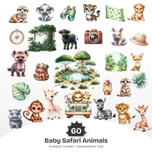 Cute Safari Nursery PNG Clipart - 60 PNG, Safari Animals Graphics, Adventure, Jungle Nursery Printables, Commercial use, Digital download