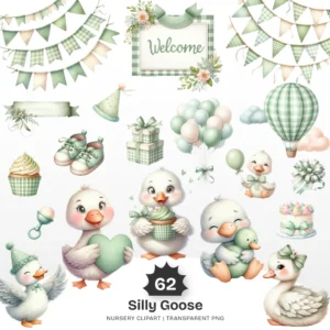 Silly Goose Nursery PNG Clipart - 62 PNG, Sage Green Baby Shower Graphics, Birthday Party Printables, Commercial use, Digital download