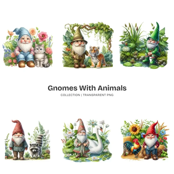 Gnomes With Animals PNG Clipart Collection - 66 PNG, Cute Gnomes Graphics, Forest PNG, Animals Printables, Commercial use, Digital download