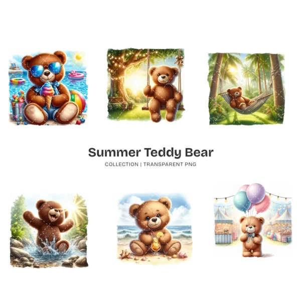 Summer Teddy Bear PNG Clipart Collection (P2) - 60 PNG, Coastal Teddy Bear Graphics, Tropical Printables, Commercial use, Digital download