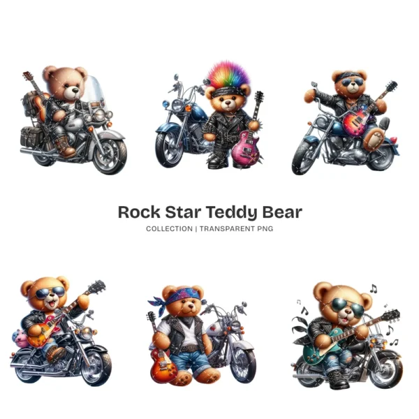 Rockstar Teddy Bear PNG Clipart Collection - 56 PNG, Teddy Bear on A Bike Graphics, Fluffy Teddy Printables, Commercial use,Digital download