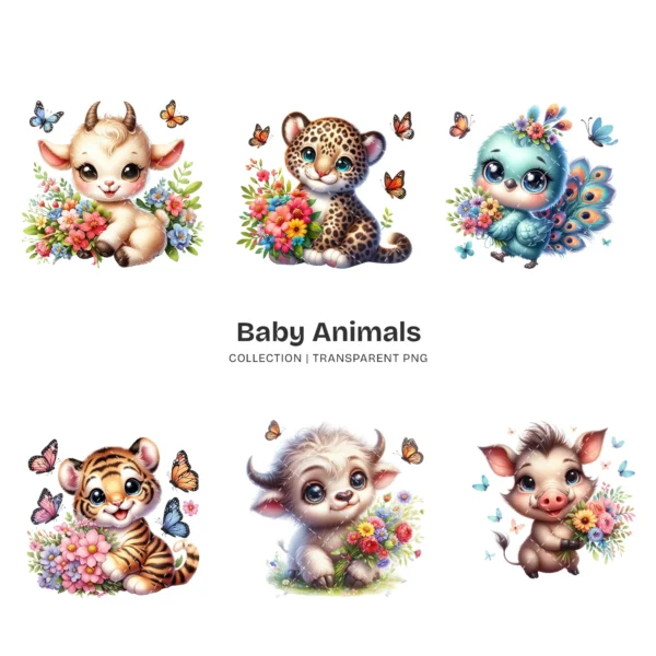 Baby Animals PNG Clipart Collection - 60 PNG, Safari Animal Graphics, Floral Baby Animal, Forest Printables, Commercial use,Digital download