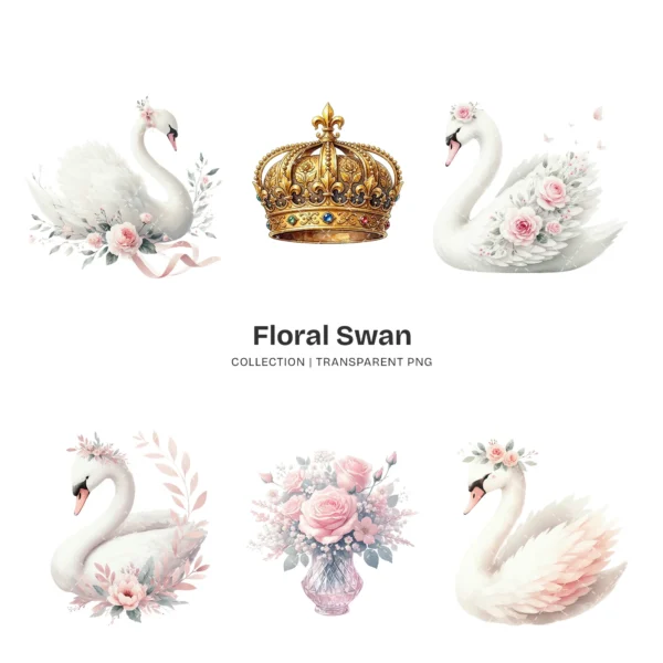 Swan PNG Clipart Collection - 64 PNG, Floral Swan Graphics, Girls Birthday Art, Baby Shower Printables, Commercial use, Digital download