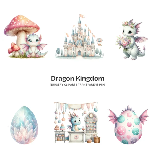Dragon Kingdom Nursery PNG Clipart - 124 PNG, Knight Graphics, Baby Dragon, Fairy Tale Printables, Commercial use, Digital download