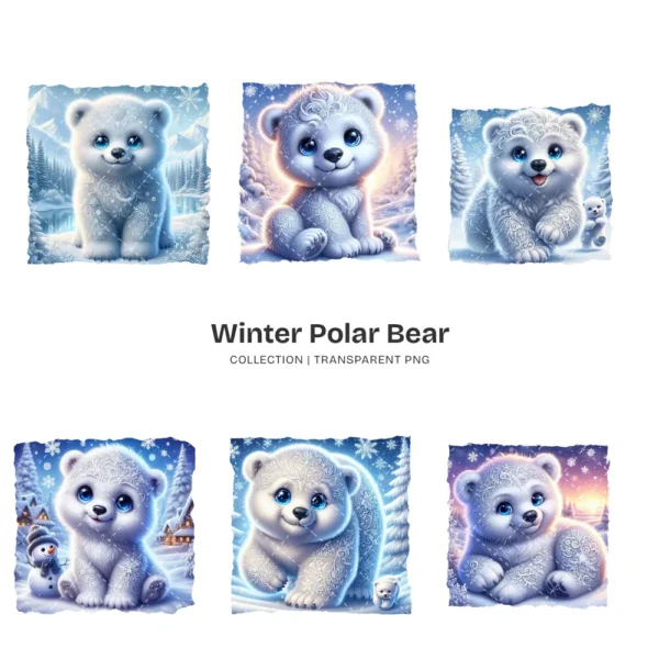 Whimsical Polar Bear PNG Clipart Collection - 76 PNG, Winter Graphics, Arctic Bear, Snowy Forest Printables, Commercial use,Digital download