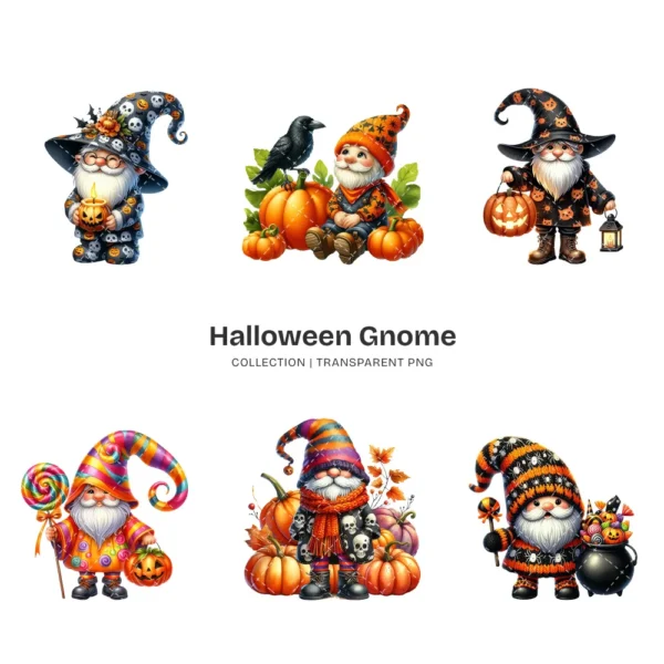 Halloween Gnome PNG Clipart Collection - 60 PNG, Pumpkin, Witchy Gnome Graphics, Spooky Printables, Commercial use, Digital download
