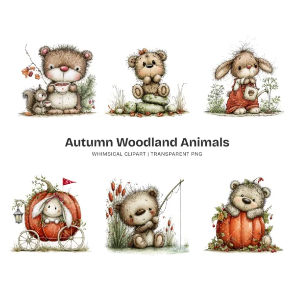 Autumn Woodland Animals Whimsical Clipart - 60 PNG, Fall Forest Graphics, Seasonal Wildlife PNG, Commercial use, Digital download