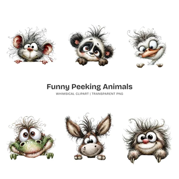 Funny Peeking Animals Whimsical Clipart - 60 PNG, Wild Critters Graphics, Quirky, Giggling Animal PNG, Commercial use, Digital download