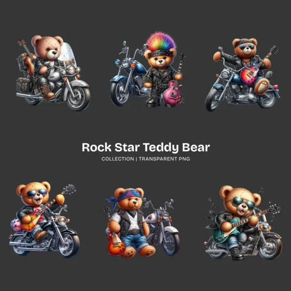 Rockstar Teddy Bear PNG Clipart Collection - 56 PNG, Teddy Bear on A Bike Graphics, Fluffy Teddy Printables, Commercial use,Digital download