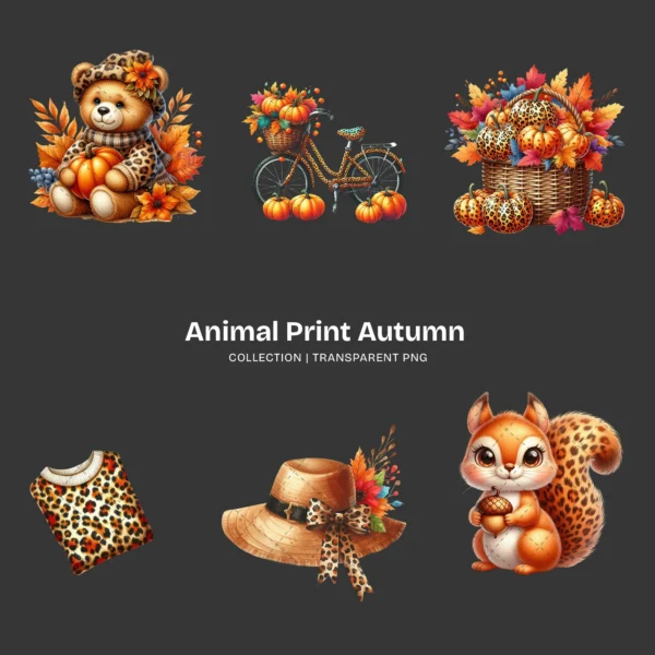 Animal Print Autumn PNG Clipart Collection - 60 PNG, Fall Fashion Graphics, Woodland Autumn Printables, Commercial use, Digital download
