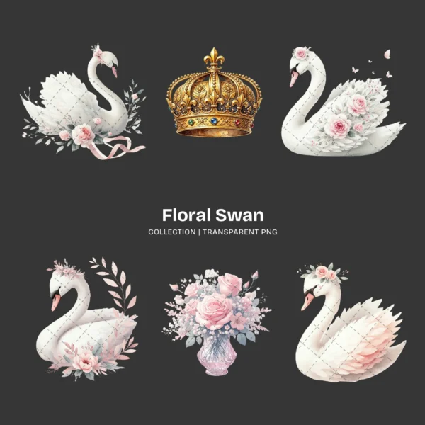 Swan PNG Clipart Collection - 64 PNG, Floral Swan Graphics, Girls Birthday Art, Baby Shower Printables, Commercial use, Digital download