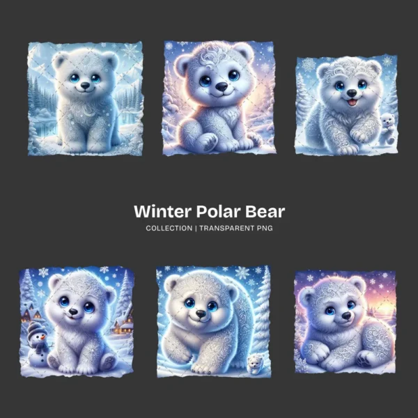 Whimsical Polar Bear PNG Clipart Collection - 76 PNG, Winter Graphics, Arctic Bear, Snowy Forest Printables, Commercial use,Digital download