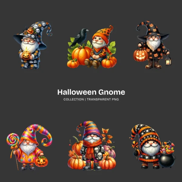 Halloween Gnome PNG Clipart Collection - 60 PNG, Pumpkin, Witchy Gnome Graphics, Spooky Printables, Commercial use, Digital download
