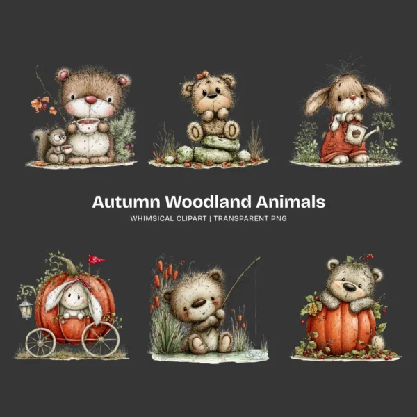 Autumn Woodland Animals Whimsical Clipart - 60 PNG, Fall Forest Graphics, Seasonal Wildlife PNG, Commercial use, Digital download