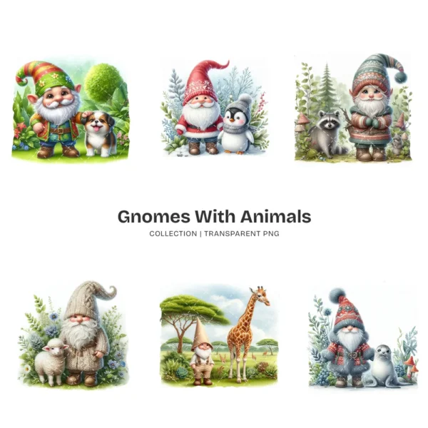 Gnomes With Animals PNG Clipart Collection - 66 PNG, Cute Gnomes Graphics, Forest PNG, Animals Printables, Commercial use, Digital download