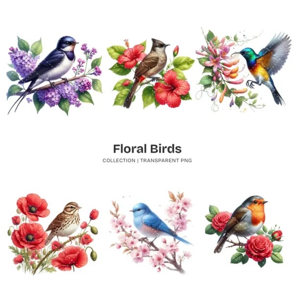 Floral Birds PNG Clipart Collection - 60 PNG, Spring Birds Graphics, Birds On Branch, Blossom Printables, Commercial use, Digital download