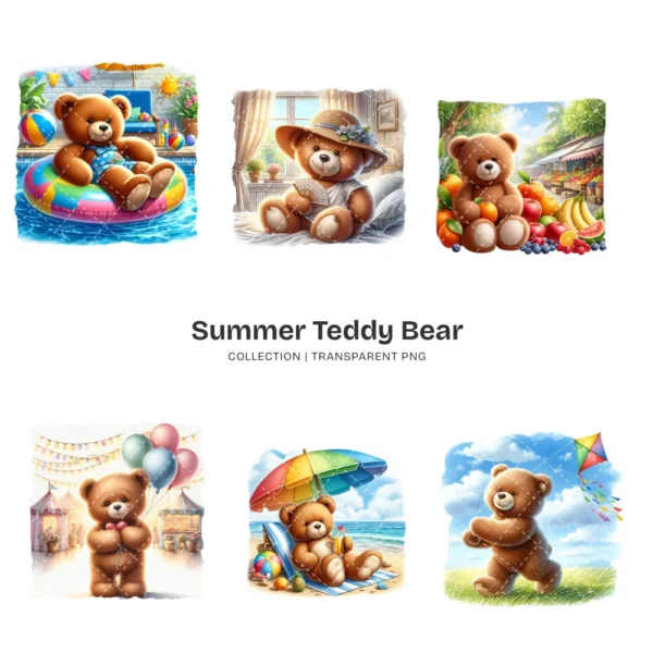 Summer Teddy Bear PNG Clipart Collection (P2) - 60 PNG, Coastal Teddy Bear Graphics, Tropical Printables, Commercial use, Digital download