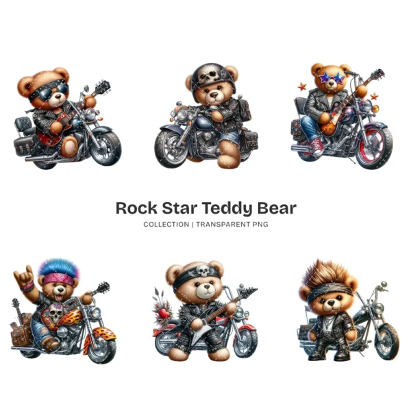 Rockstar Teddy Bear PNG Clipart Collection - 56 PNG, Teddy Bear on A Bike Graphics, Fluffy Teddy Printables, Commercial use,Digital download