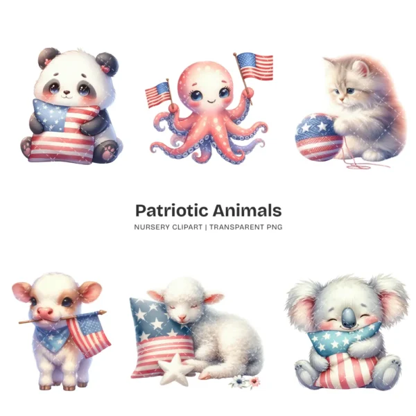 Patriotic Animals Nursery PNG Clipart - 60 PNG, 4th of July Graphics, Independence Day Printables, Commercial use, Digital download