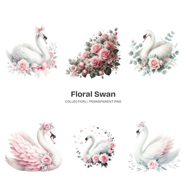 Swan PNG Clipart Collection - 64 PNG, Floral Swan Graphics, Girls Birthday Art, Baby Shower Printables, Commercial use, Digital download