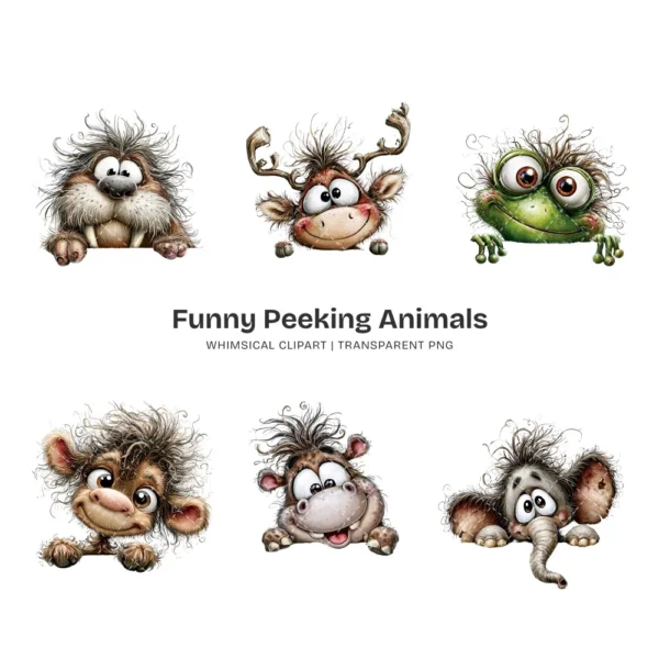 Funny Peeking Animals Whimsical Clipart - 60 PNG, Wild Critters Graphics, Quirky, Giggling Animal PNG, Commercial use, Digital download