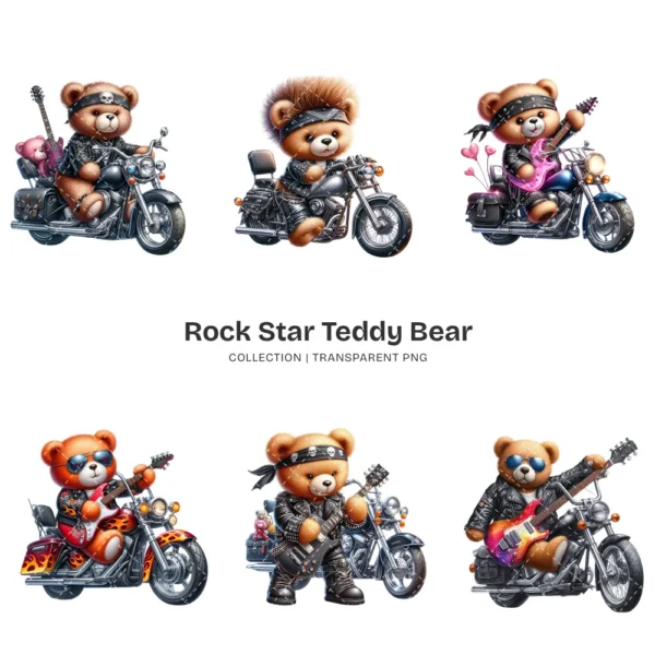 Rockstar Teddy Bear PNG Clipart Collection - 56 PNG, Teddy Bear on A Bike Graphics, Fluffy Teddy Printables, Commercial use,Digital download