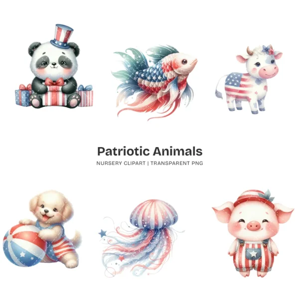 Patriotic Animals Nursery PNG Clipart - 60 PNG, 4th of July Graphics, Independence Day Printables, Commercial use, Digital download