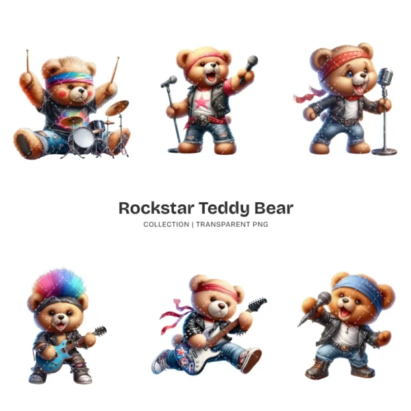 Rockstar Teddy Bear PNG Clipart Collection - 73 PNG, Fluffy Teddy Bear Graphics, Singing Bear Printables, Commercial use,Digital download