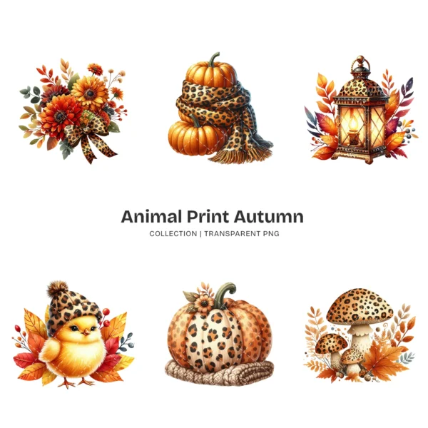 Animal Print Autumn PNG Clipart Collection - 60 PNG, Fall Fashion Graphics, Woodland Autumn Printables, Commercial use, Digital download
