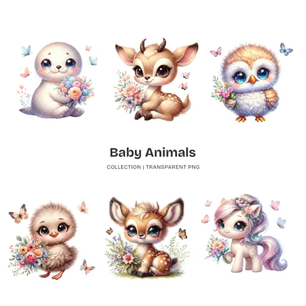 Baby Animals PNG Clipart Collection - 60 PNG, Safari Animal Graphics, Floral Baby Animal, Forest Printables, Commercial use,Digital download