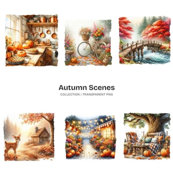 Autumn Scenes PNG Clipart Collection - 60 PNG, Cozy Fall Landscape Graphics, Autumn Cottage Printables, Commercial use, Digital download