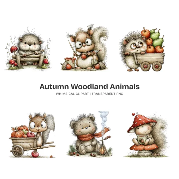 Autumn Woodland Animals Whimsical Clipart - 60 PNG, Fall Forest Graphics, Seasonal Wildlife PNG, Commercial use, Digital download