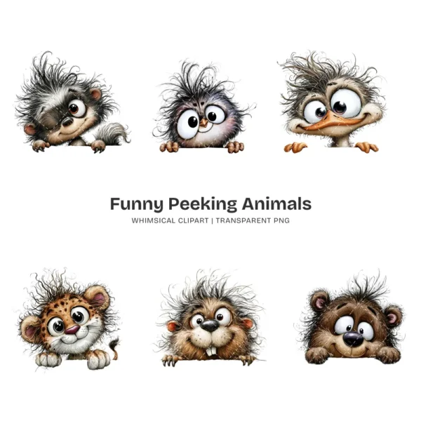 Funny Peeking Animals Whimsical Clipart - 60 PNG, Wild Critters Graphics, Quirky, Giggling Animal PNG, Commercial use, Digital download